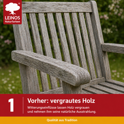 Leinos Entgrauer 0,5 Liter  für Holz-Gartenmöbel & Terrassenholz – Auftragen, einwirken lassen, abbürsten – effektive Reinigung & Auffrischung von Hart- und Weichholz