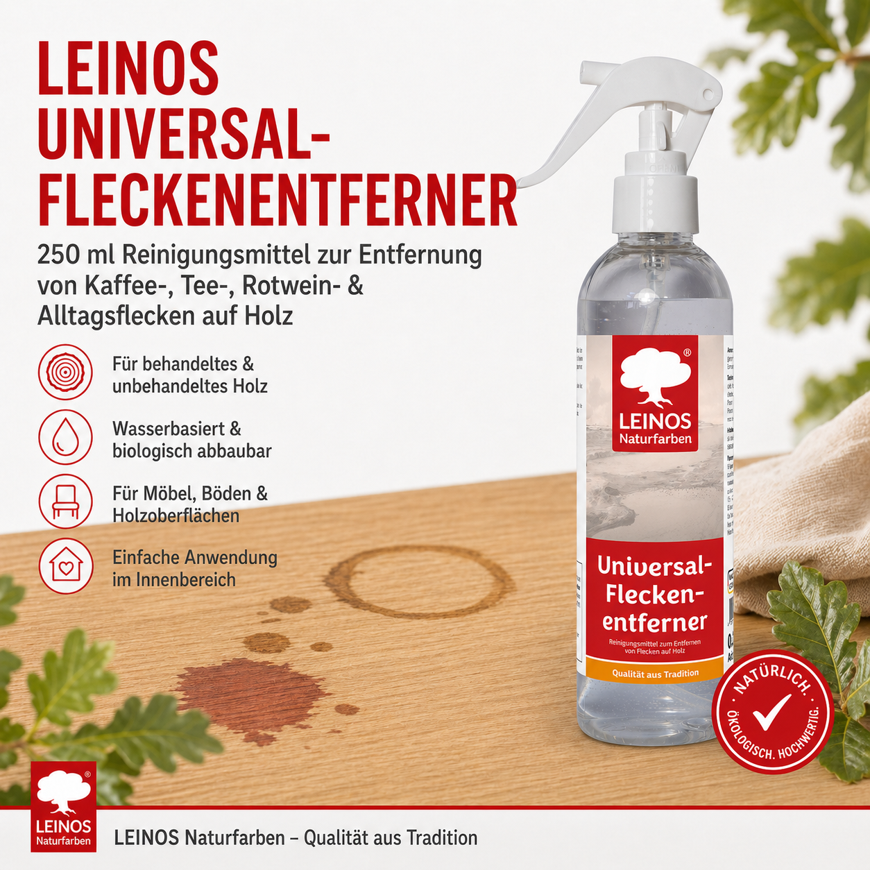 Universal Fleckenentferner 945 - 250 ml – lösemittelfreies Reinigungsmittel zur Entfernung von Kaffee-, Tee- & Rotweinflecken – für behandeltes & unbehandeltes Holz – wasserbasiert & biologisch abbaubar