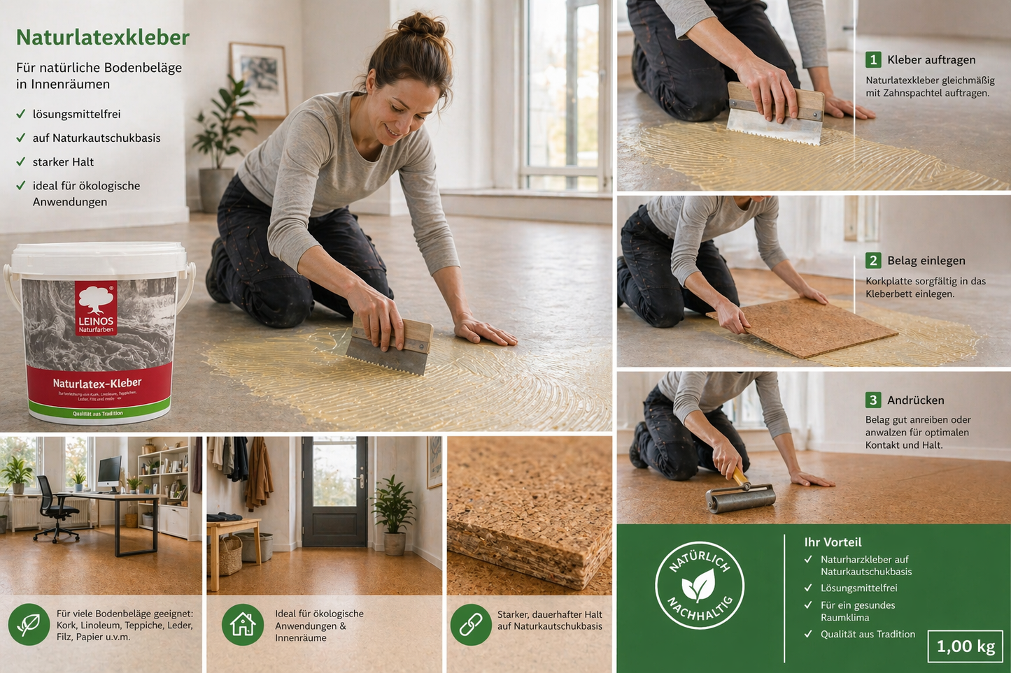 LEINOS Naturlatexkleber 1,00 kg – lösungsmittelfreier Kontaktkleber auf Naturkautschukbasis – für Teppiche, Kork, Leder, Filz, Linoleum & Papier – ideal für ökologische Anwendungen