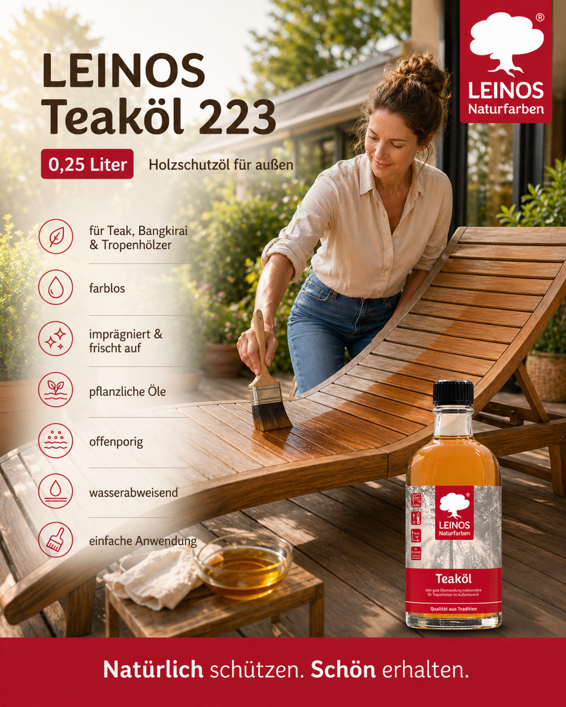 LEINOS Teaköl 223 – 0,25 Liter Holzschutzöl für außen, farblos, für Teak, Bangkirai & Tropenhölzer, imprägniert & frischt auf, pflanzliche Öle, offenporig, wasserabweisend, einfache Anwendung