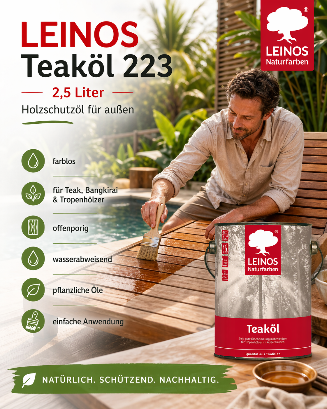 LEINOS Teaköl 223 – 2,5 Liter Holzschutzöl für außen, farblos, für Teak, Bangkirai & Tropenhölzer, imprägniert & frischt auf, pflanzliche Öle, offenporig, wasserabweisend, einfache Anwendung