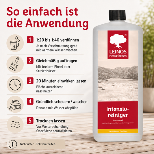 LEINOS Intensivreiniger 1Liter – kraftvoller Holzreiniger für innen & außen – entfernt Schmutz, Algen & Pilze – für Terrassen, Zäune, Stein & Holz – hochkonzentriert & ergiebig