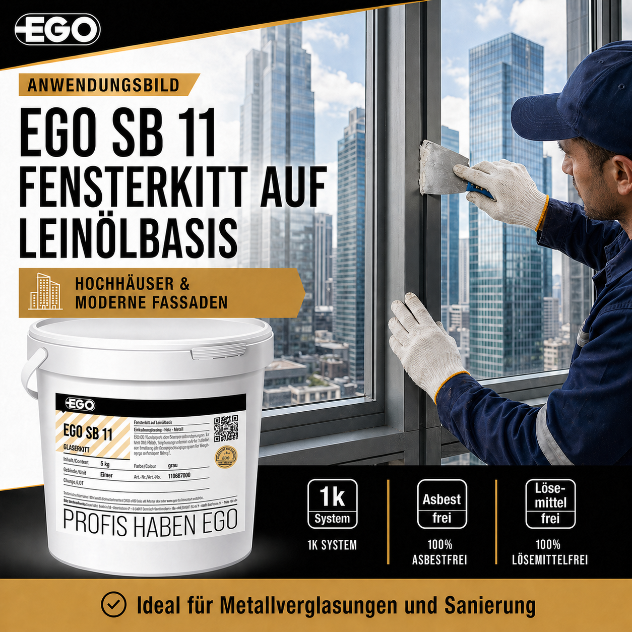 EGO SB 11 Fensterkitt – schnellbindender Glaserkitt für Einfachverglasung | 5 kg bis 25 kg | Made in Bayern