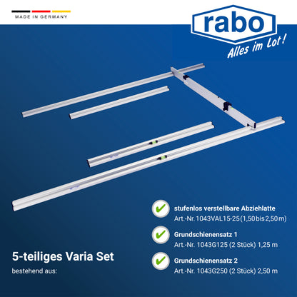 rabo Trockenschüttungslehre 5-teilig | 2 Grundschienen 1,25m und 2,50m | 1  verstellbare Abziehlatte 1,50-2,50m | Varia-A Set