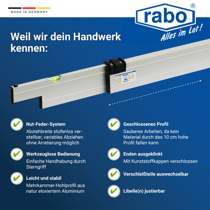 rabo Trockenschüttungslehre 5-teilig | 2 Grundschienen 1,25m und 2,50m | 1  verstellbare Abziehlatte 1,50-2,50m | Varia-A Set