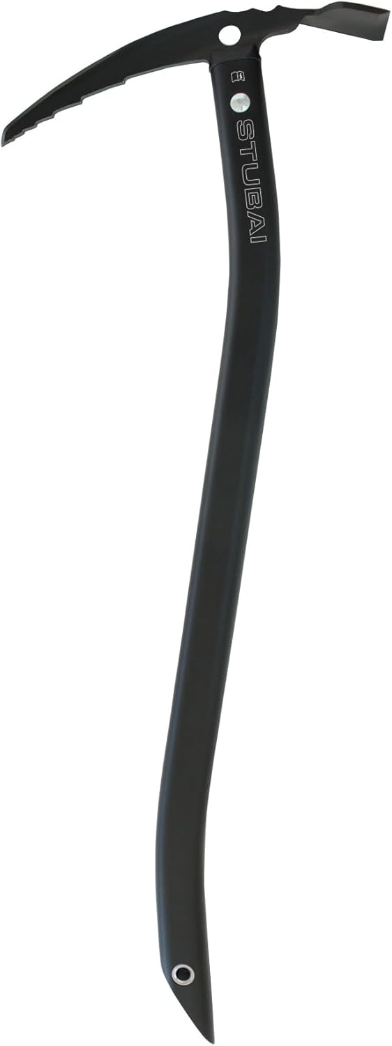 STUBAI Eispickel LEVEL 59 cm | ergonomisch gebogener Leicht-Eispickel 475 g | Aluminiumstiel & Stahlkopf sandgestrahlt, lasergraviert | mattschwarz | für Bergsteigen, Hochtour Eis & Stufenschlagen Pro