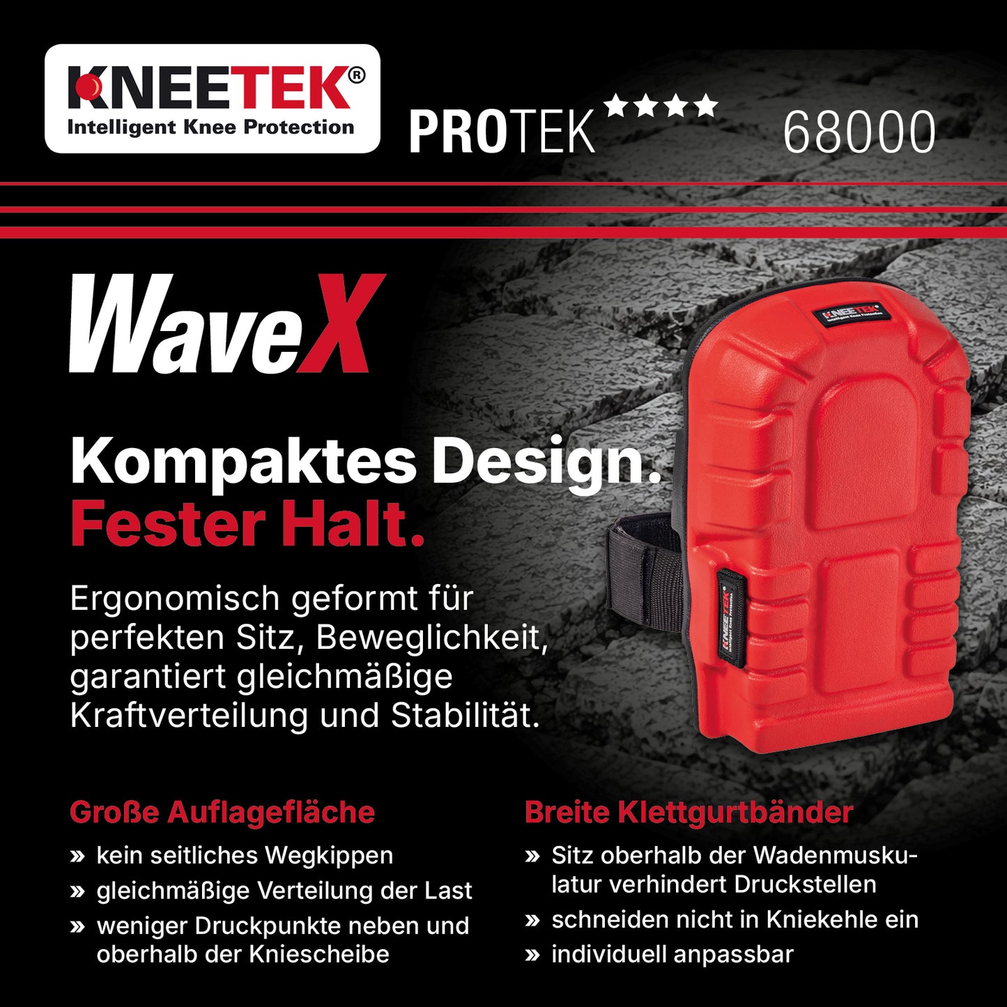 Kneetek WaveX - Knieschoner für Estrich-, Boden- und Fliesenleger, Maximale Druck- und Stoßdämpfung, kein Einschneiden, Einheitsgröße S-L, geprüft nach EN 14404, 1 Paar