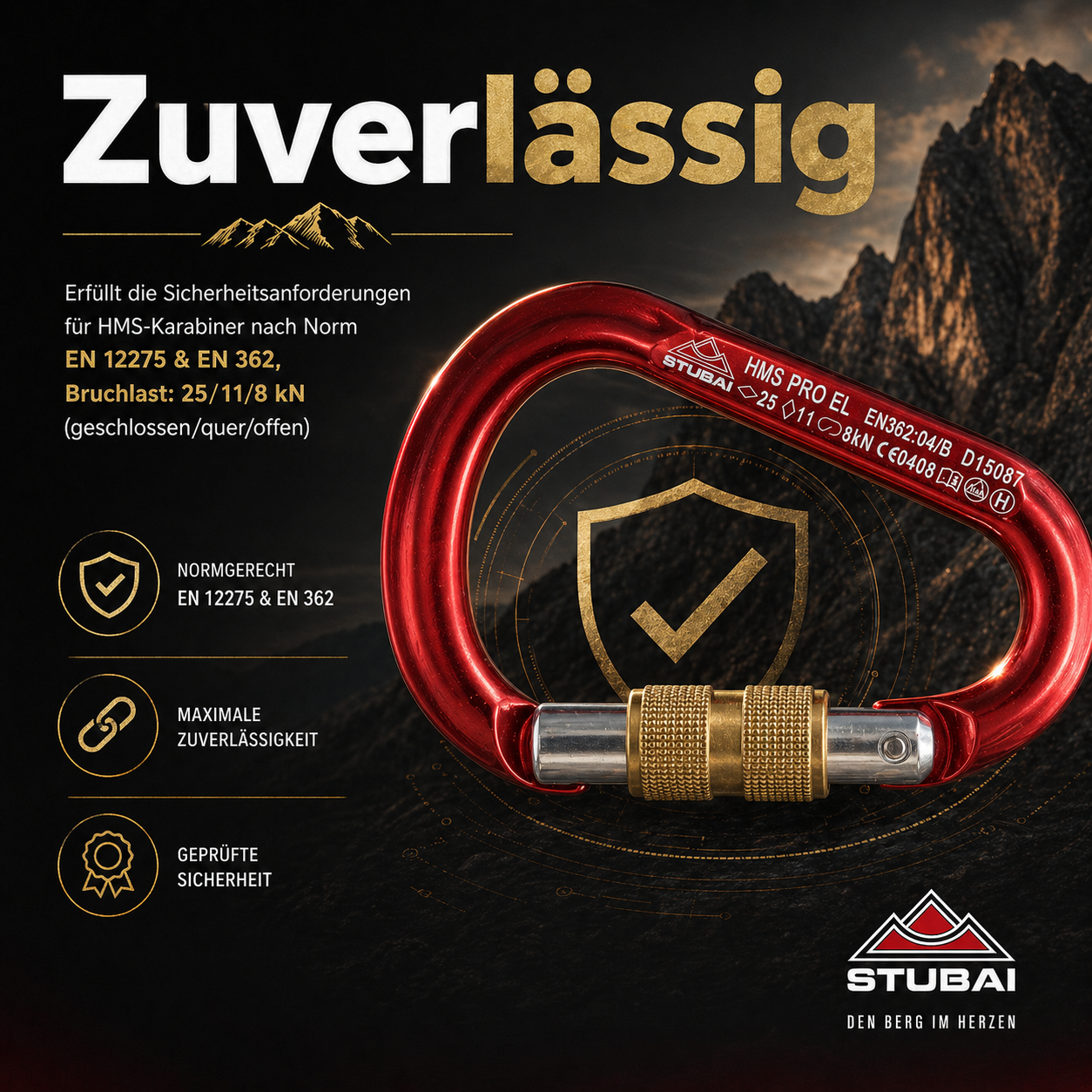 HMS Karabiner | STUBAI Karabiner mit Schraubverschluss, Schraubkarabiner zum Klettern, Kletter-Karabinerhaken, Sicherungskarabiner zum Bergsteigen, Rot