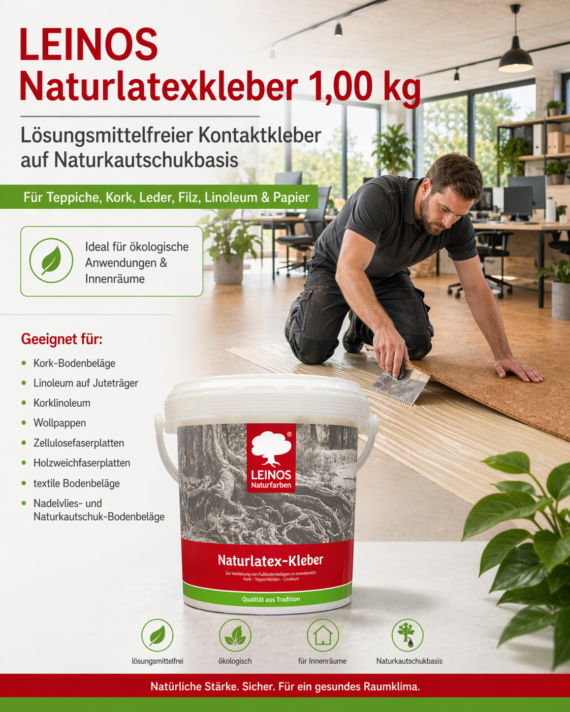 LEINOS Naturlatexkleber 1,00 kg – lösungsmittelfreier Kontaktkleber auf Naturkautschukbasis – für Teppiche, Kork, Leder, Filz, Linoleum & Papier – ideal für ökologische Anwendungen