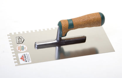 STUBAI Glättekelle Zahnung 6 mm | Serie Kork | 280 × 130 mm | federharter Edelstahl, rostfrei | Alu-Steg & Korkgriff | Modell 4336 | Gewicht: 340 g | 2-seitig gezahnt | Profi-Handwerkzeug
