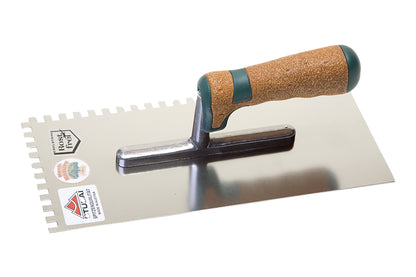 STUBAI Glättekelle Zahnung 6 mm | Serie Kork | 280 × 130 mm | federharter Edelstahl, rostfrei | Alu-Steg & Korkgriff | Modell 4336 | Gewicht: 340 g | 2-seitig gezahnt | Profi-Handwerkzeug
