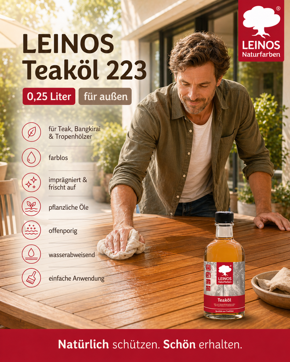 LEINOS Teaköl 223 – 0,25 Liter Holzschutzöl für außen, farblos, für Teak, Bangkirai & Tropenhölzer, imprägniert & frischt auf, pflanzliche Öle, offenporig, wasserabweisend, einfache Anwendung