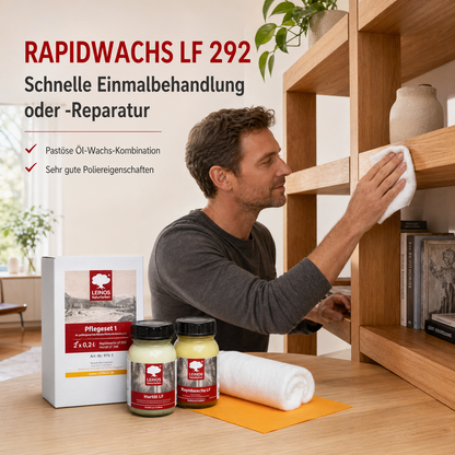 LEINOS Pflege-Set 915-1für geölte  und gewachste Möbeloberflächen je 0,1 Liter  | Lösemittelfreie, schnelle Einmalbehandlung oder -reperatur von nicht stark strapazierten Holzoberflächen