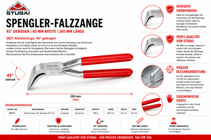 STUBAI Spengler-Falzzange 45° gebogen 60 mm | Aluminium, federleicht & rostfrei | Ergonomische Blechzange nur 280 g | Profi-Werkzeug für Dachdecker, Klempner & Metallbau | 260 mm Länge, präzise Handhabung