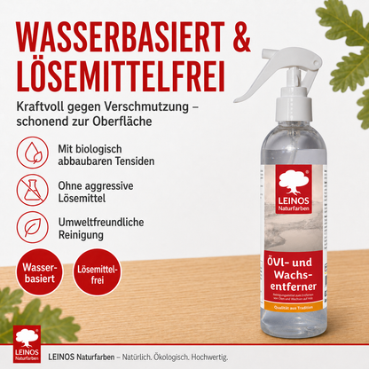 LEINOS Öl- und Wachs-Entferner 948 – Wasserbasiertes, Alkalisches Reinigungsmittel zur Effektiven Entfernung von Ölen & Wachsen auf Holz- und Metalloberflächen (0,25 L)