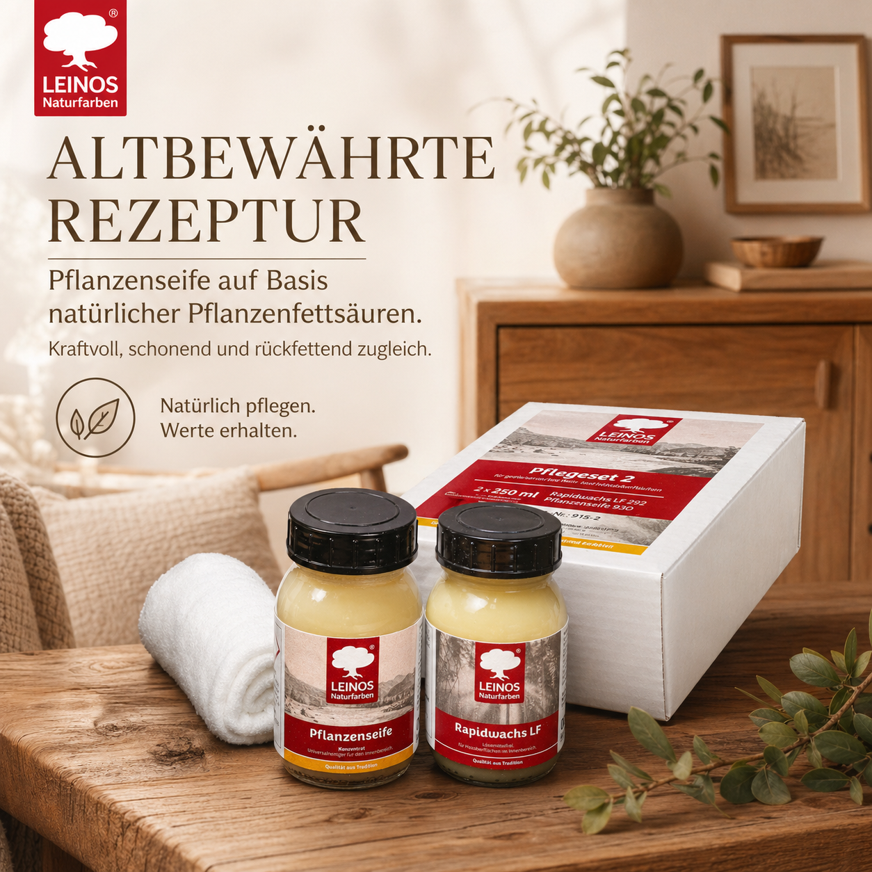 LEINOS Pflege-Set 915-2 für geölte und gewachste Möbeloberflächen je 0,1 Liter  | Lösemittelfreie, schnelle Einmalbehandlung oder -reperatur von nicht stark strapazierten Holzoberflächen