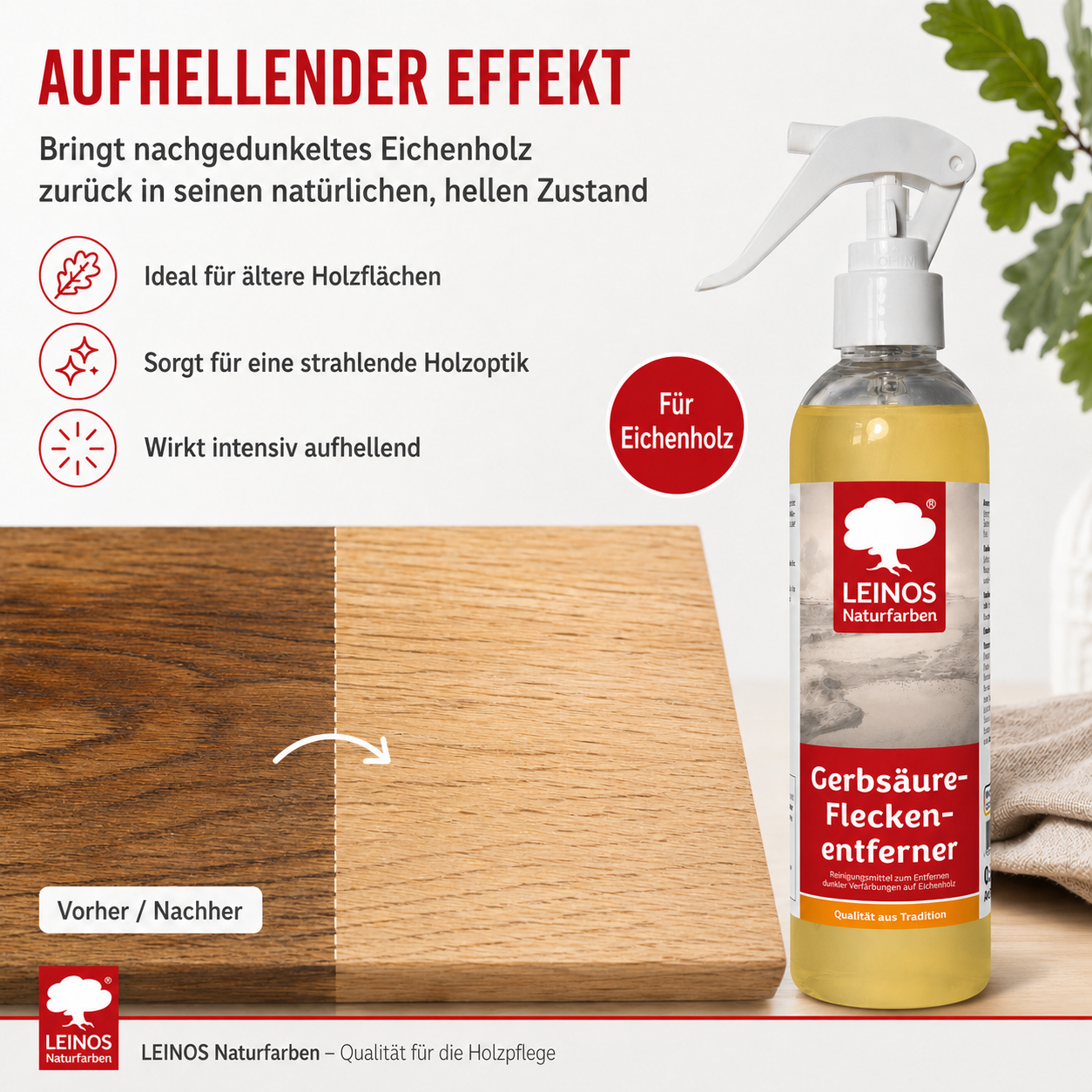 LEINOS Gerbsäureflecken Entferner 946 – 250ml Spezialreiniger für Eichenholz & Edelhölzer – entfernt dunkle Flecken & Verfärbungen durch Gerbsäure – Wasserbasiert, Biologisch Abbaubar & Farblos