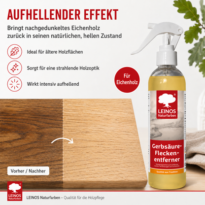 LEINOS Gerbsäureflecken Entferner 946 – 250ml Spezialreiniger für Eichenholz & Edelhölzer – entfernt dunkle Flecken & Verfärbungen durch Gerbsäure – Wasserbasiert, Biologisch Abbaubar & Farblos