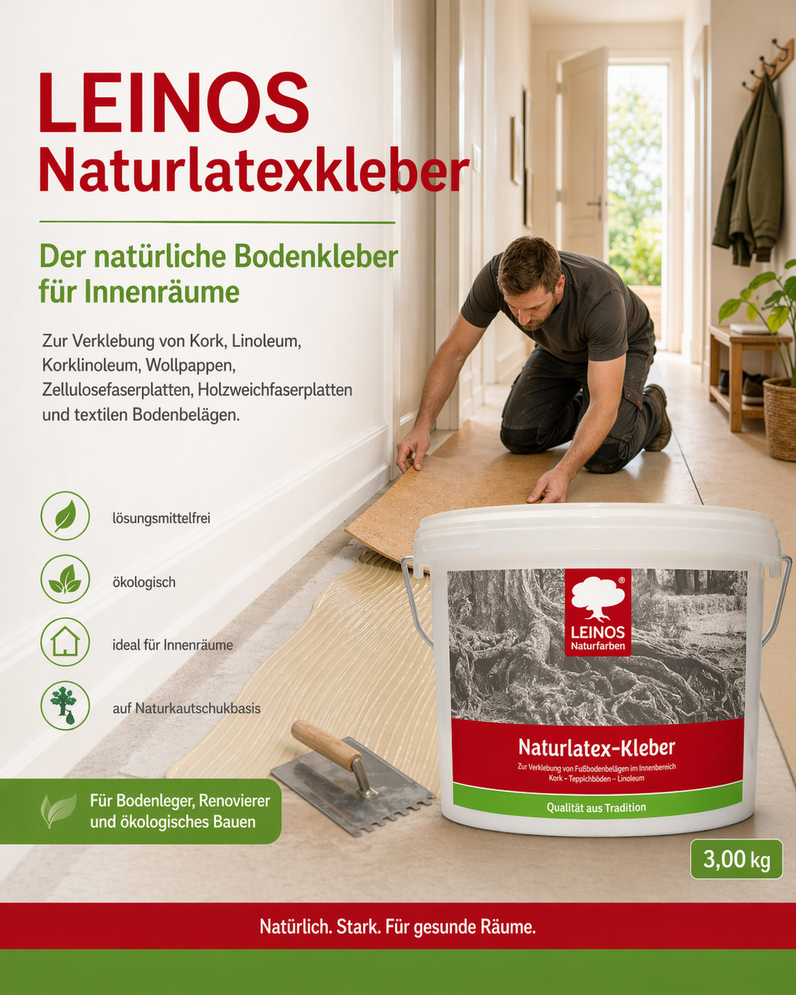LEINOS Naturlatexkleber 10,00 kg – lösungsmittelfreier Kontaktkleber auf Naturkautschukbasis – für Teppiche, Kork, Leder, Filz, Linoleum & Papier – ideal für ökologische Anwendungen