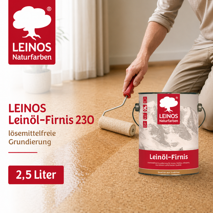 LEINOS Leinöl-Firnis 230 – 2,5 L offenporige Grundierung für stark saugende Untergründe innen wie Hirnholzparkett, Kork, Terracotta – ohne Filmschutz für außen – lösemittelfrei