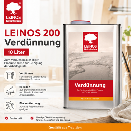 LEINOS 200 Verdünnung 10 Liter | Zum Verdünnen aller öligen Produkte sowie zur Reinigung der Arbeitsgeräte. Auch als Fleckentferner geeignet.