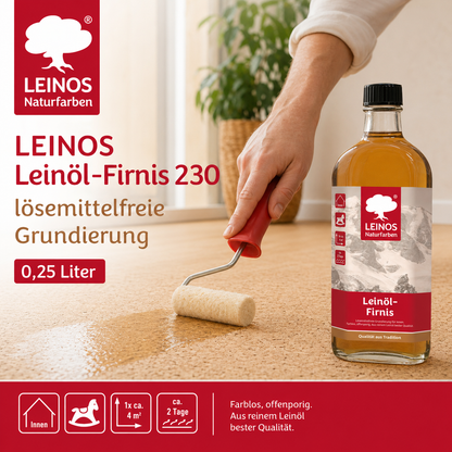 LEINOS Leinöl-Firnis 230 – 0,25 L für innen und außen – offenporige Grundierung für stark saugende Untergründe wie Hirnholzparkett, Kork, Terracotta – lösemittelfrei – ohne Filmschutz außen