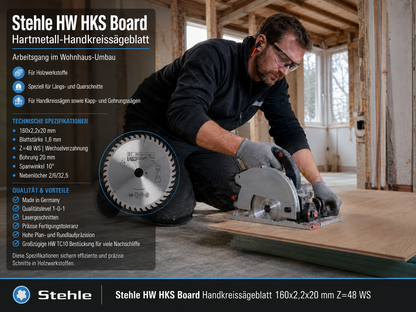 Stehle HW HKS Board Handkreissägeblatt 160x2,2x20mm Z=48 WS | Wechselverzahnung ist speziell für Längs- und Querschnitte | Großzügige HW TC10 Bestückung für viele Nachschliffe