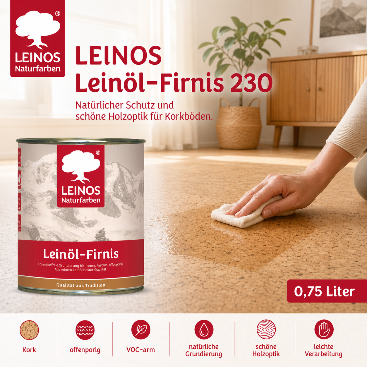 LEINOS Leinöl-Firnis 230 – 0,75 L für innen und außen – offenporige Grundierung für stark saugende Untergründe wie Hirnholzparkett, Kork, Terracotta – lösungsmittelfrei – ohne Filmschutz außen