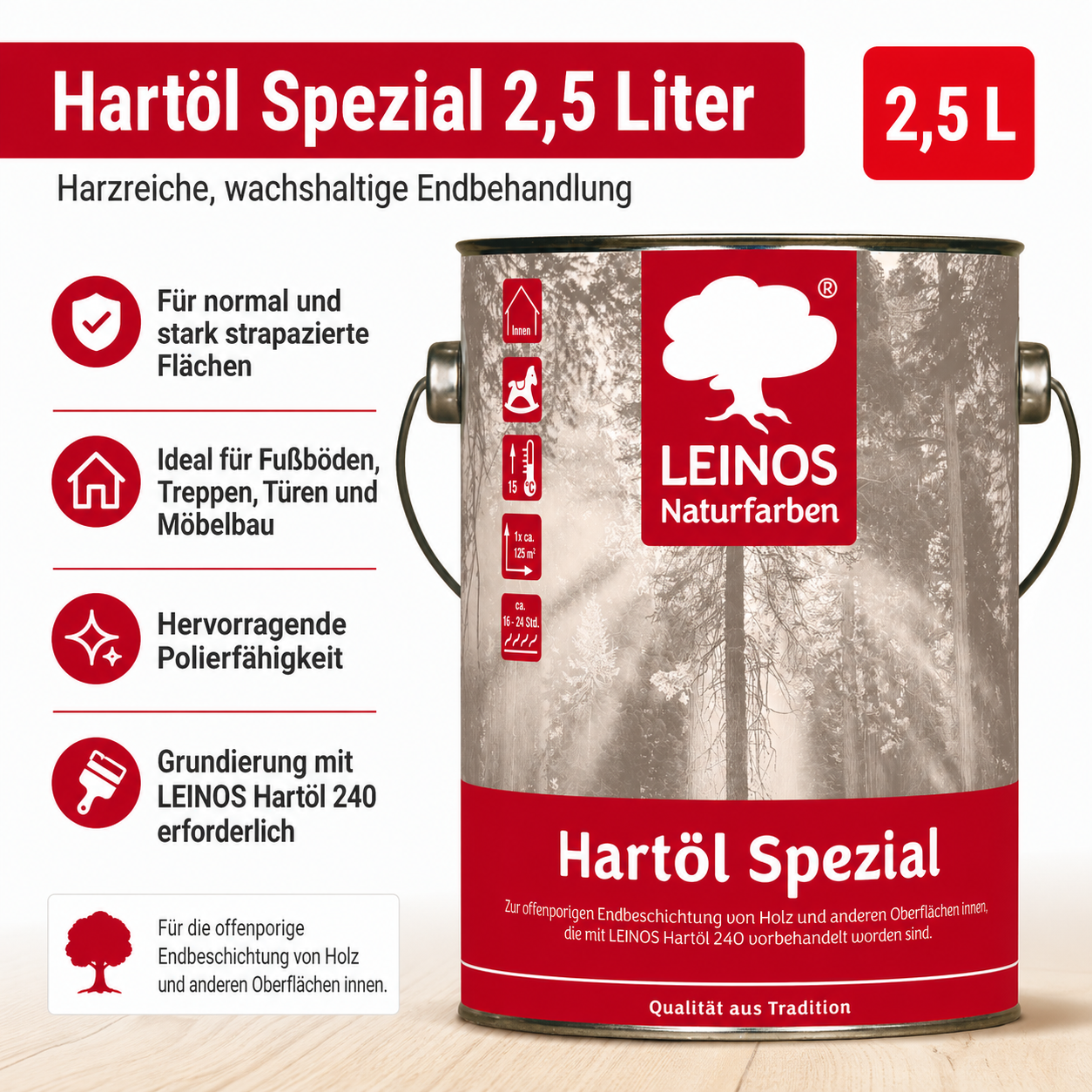 Leinos 245 Hartöl Spezial für Innen 2,5 l  Für stark strapazierte Flächen wie Fußböden und für den anspruchsvollen Möbelbau Hervorragende Polierfähigkeit