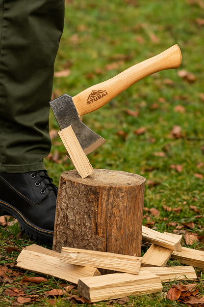 STUBAI Campingbeil Serles 800 g – Handgeschmiedet aus Kohlenstoffstahl, 240 mm, inkl. Lederscheide, geölter Hickorystiel – Outdoor, Bushcraft, Survival