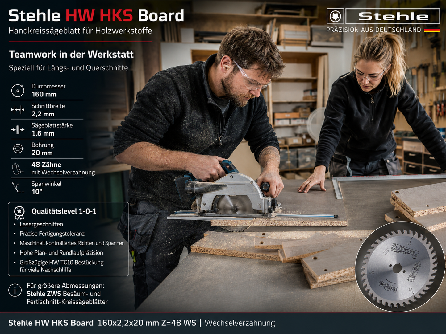 Stehle HW HKS Board Handkreissägeblatt 160x2,2x20mm Z=48 WS | Wechselverzahnung ist speziell für Längs- und Querschnitte | Großzügige HW TC10 Bestückung für viele Nachschliffe