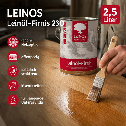 LEINOS Leinöl-Firnis 230 – 2,5 L offenporige Grundierung für stark saugende Untergründe innen wie Hirnholzparkett, Kork, Terracotta – ohne Filmschutz für außen – lösemittelfrei