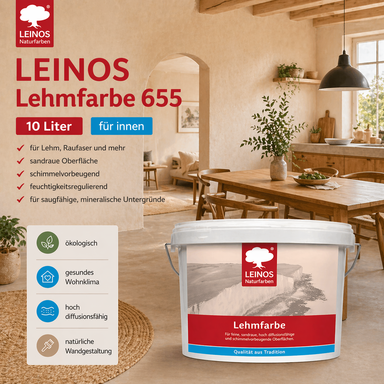 LEINOS Lehmfarbe 655 – 10L | Lösemittelfreie Naturfarbe für Lehm, Putz, OSB & Raufaser | Matt, atmungsaktiv & feuchtigkeitsregulierend | Schimmelvorbeugend | Innenbereich