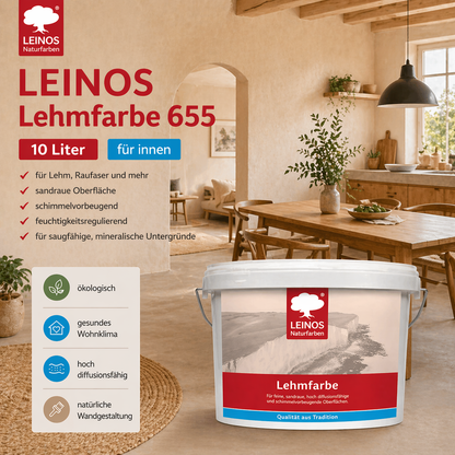 LEINOS Lehmfarbe 655 – 10L | Lösemittelfreie Naturfarbe für Lehm, Putz, OSB & Raufaser | Matt, atmungsaktiv & feuchtigkeitsregulierend | Schimmelvorbeugend | Innenbereich