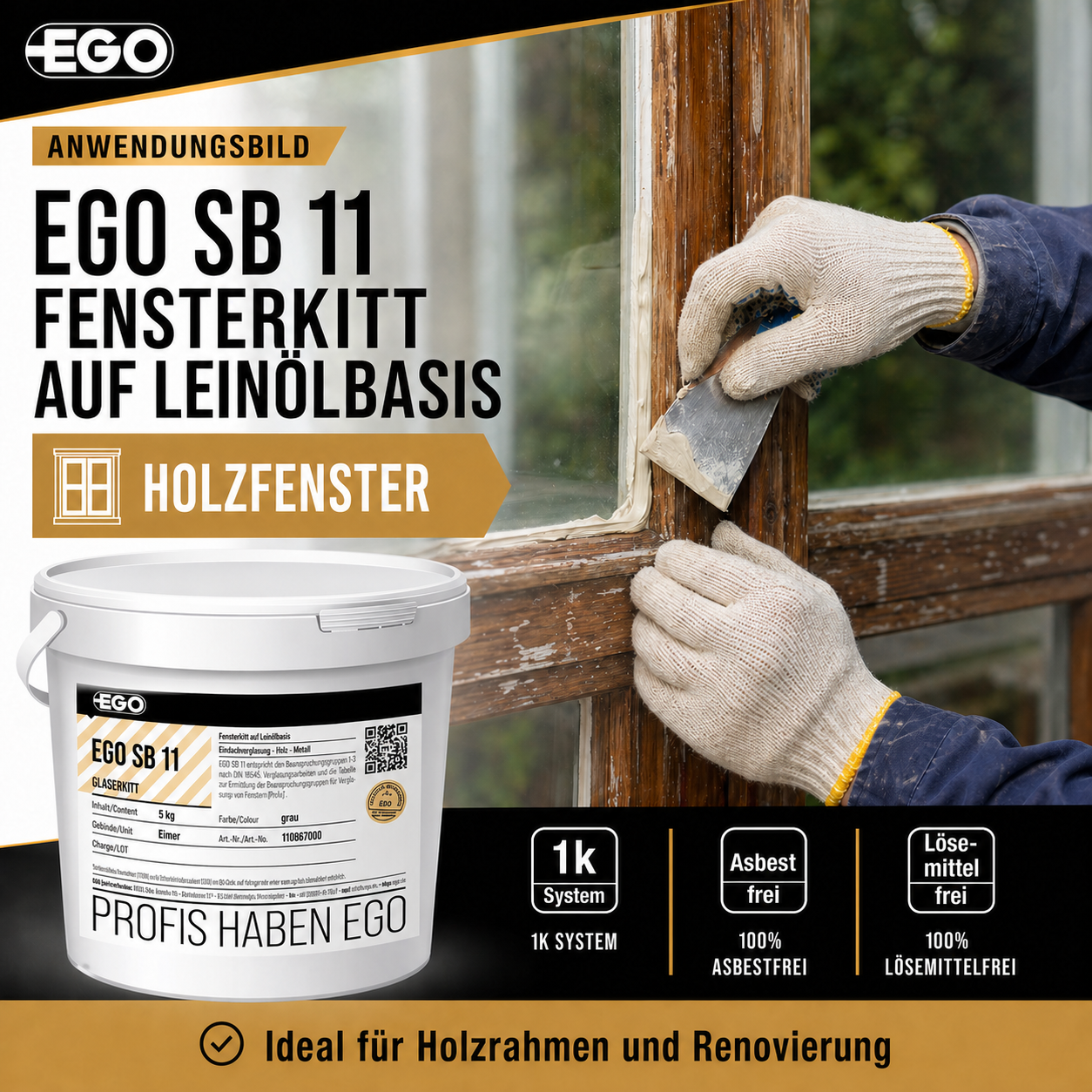EGO SB 11 Fensterkitt – schnellbindender Glaserkitt für Einfachverglasung | 5 kg bis 25 kg | Made in Bayern