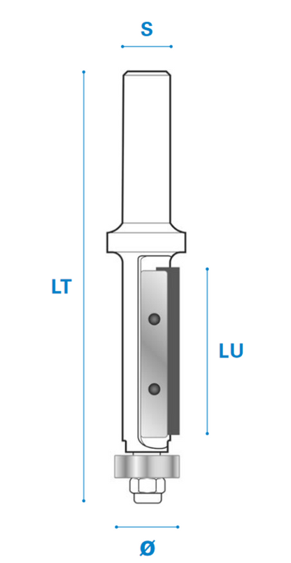 Bündigfräser mit Kugellager und Wendemesser Schneide 1 Hartmetall Ø 12 - Rechts, 25 - 70 - 8