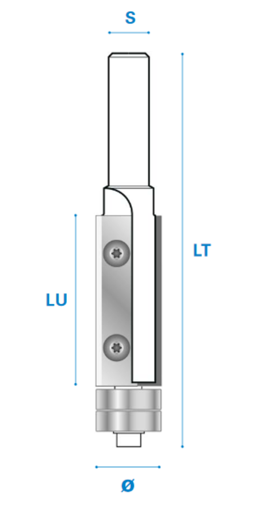 Bündigfräser mit Doppelkugellager und Wendemesser Schneide 2 Hartmetall Ø 19 - Rechts, 50 - 115 - 12