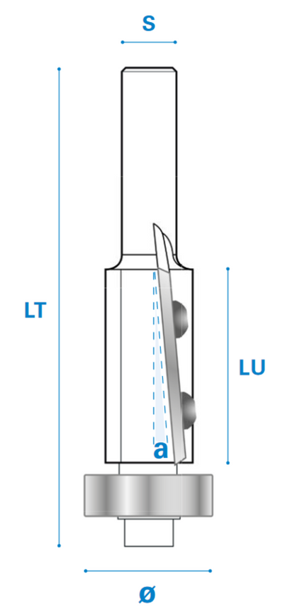 Bündigfräser mit Negativen Achswinkel, Kugellager und Wendemesser - Negativ Schneide 2 Hartmetall Ø 19, Rechts, 30 - 73 - 8