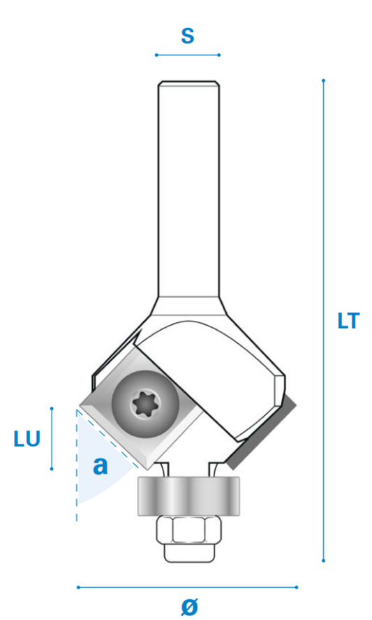 Fasefräser mit Kugellager und Wendemesser aus Hartmetall, Rechtslauf, Schneide 2,  Winkel 10°, 22°, 30°, 45°