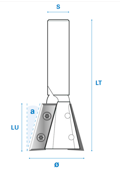 Zinkenfräser mit Wendemesser aus Hartmetall, Rechtslauf, Schneide 2  5°, Arbeitslänge 27,5 mm, Gesamtlänge 70 mm, Schaft 12 mm, Ø 22 mm