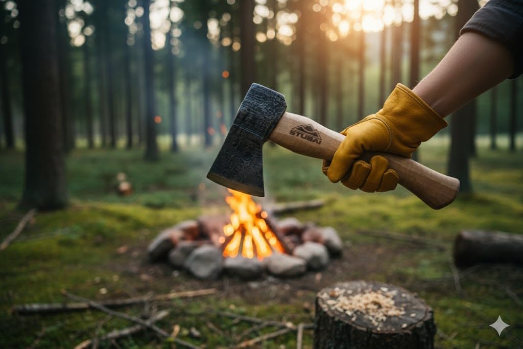 STUBAI Campingbeil Serles 800 g – Handgeschmiedet aus Kohlenstoffstahl, 240 mm, inkl. Lederscheide, geölter Hickorystiel – Outdoor, Bushcraft, Survival