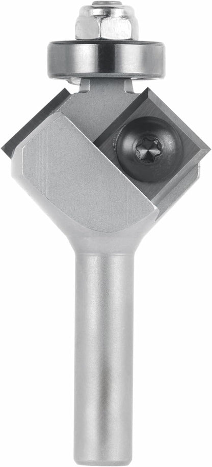 Fasefräser mit Kugellager und Wendemesser aus Hartmetall, Rechtslauf, Schneide 2, Winkel 45°, Arbeitslänge 6,5 mm, Gesamtlänge 60 mm, Schaft 8 x 30 mm, Ø 29 mm optional Ersatzwendemesser 12x12x1,5°