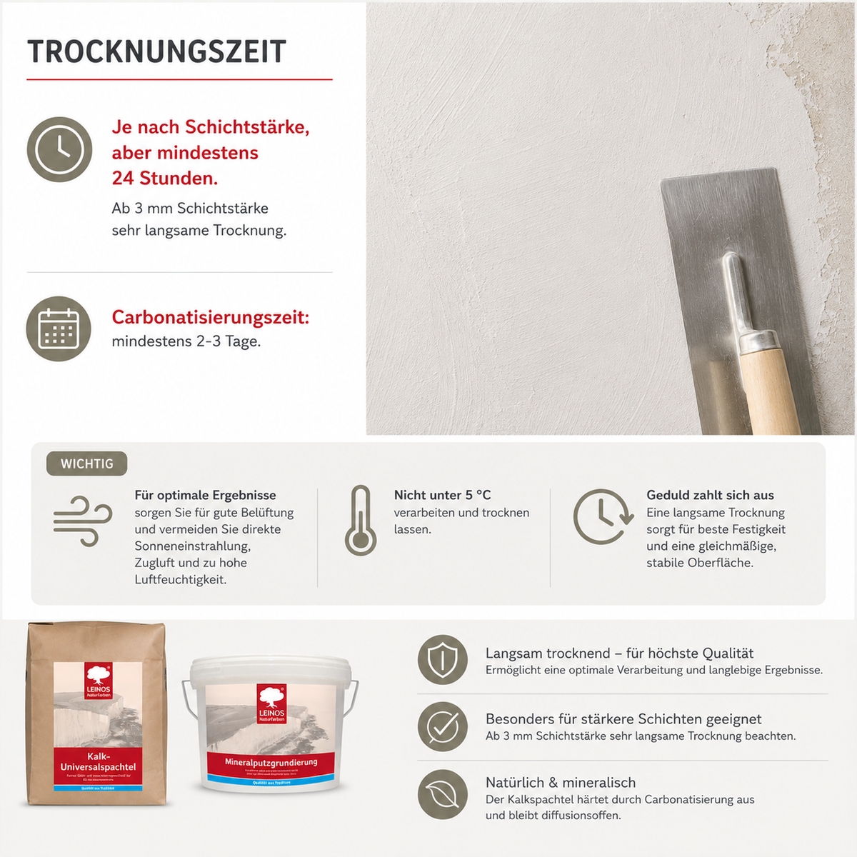 LEINOS Kalk-Universalspachtel 683, weiß – Mineralische Spachtelmasse für Wand & Decke innen, atmungsaktiv, schimmelhemmend, lösemittelfrei, glättbar & strukturierbar, auf Putz, Lehm, Gips – 10 kg