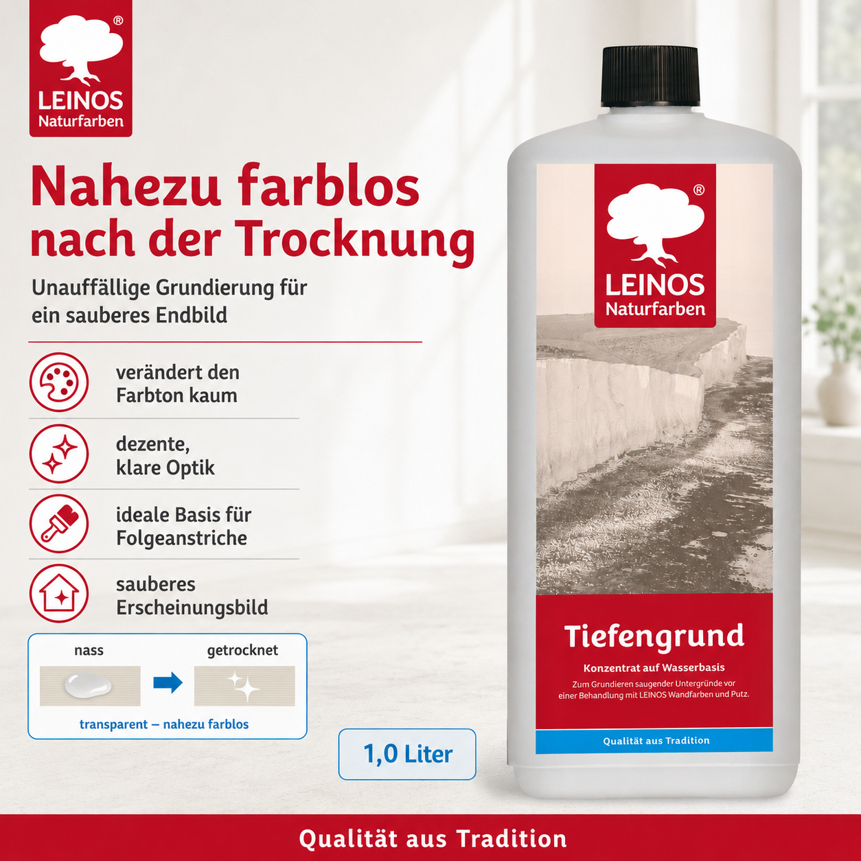 LEINOS Tiefengrund 620/ 1  Liter  – natürliche Grundierung für stark saugende Untergründe | Transparent, hoch dampfdurchlässig | Vorbereitung für Wandfarbe & Putz | 1L reicht für bis zu 25 m²