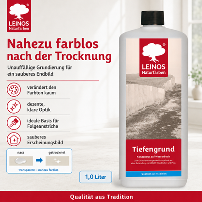 LEINOS Tiefengrund 620/ 1  Liter  – natürliche Grundierung für stark saugende Untergründe | Transparent, hoch dampfdurchlässig | Vorbereitung für Wandfarbe & Putz | 1L reicht für bis zu 25 m²