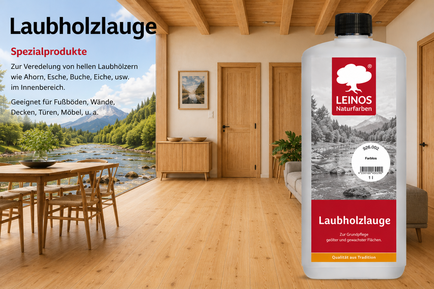 LEINOS 926 Laubholzlauge 1,00 l Farblos Veredelung von hellen Laubhölzern wie Ahorn, Esche, Buche, Eiche, usw. im Innenbereich