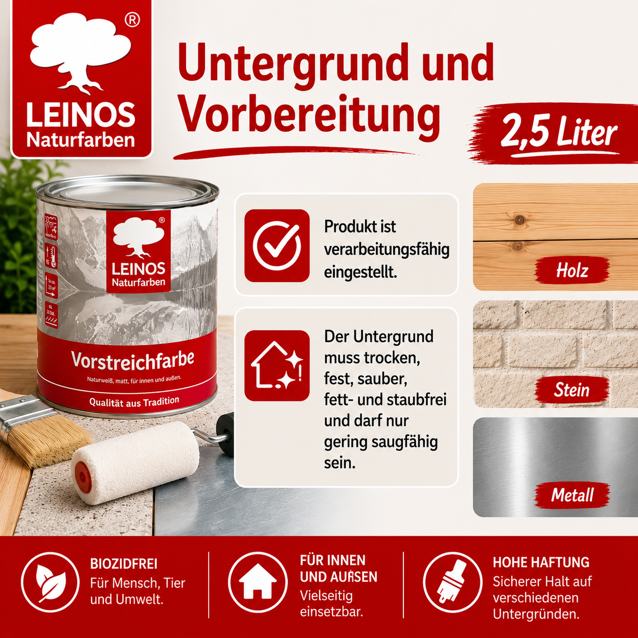 LEINOS Vorstreichfarbe 810 | 2,5  Liter | hochwertige Haftgrundierung für Holz, Metall, Glasfasertapeten | schnelltrocknend, biozidfrei & umweltfreundlich | weiß matt, offenporig, für Innen- und Außenanwendungen