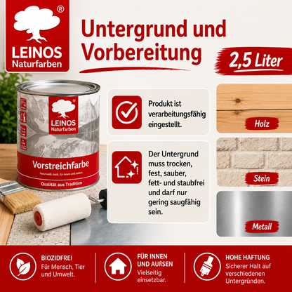 LEINOS Vorstreichfarbe 810 | 2,5  Liter | hochwertige Haftgrundierung für Holz, Metall, Glasfasertapeten | schnelltrocknend, biozidfrei & umweltfreundlich | weiß matt, offenporig, für Innen- und Außenanwendungen