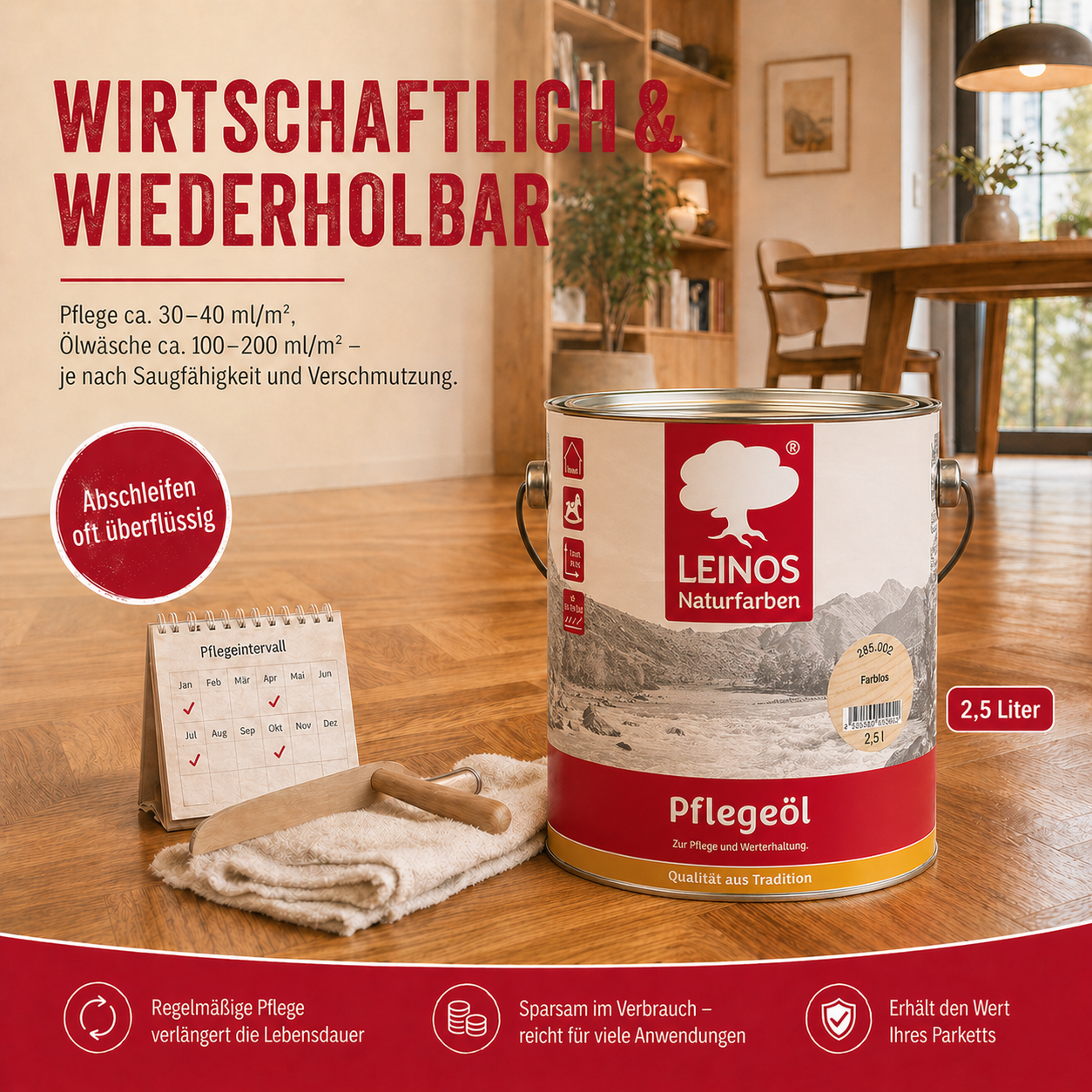 LEINOS 285 Pflegeöl 202 Weiß  0,75 Liter | Zur Behandlung aller geölten und gewachsten Flächen wie Holz, Kork und Linoleum im Innenbereich |
