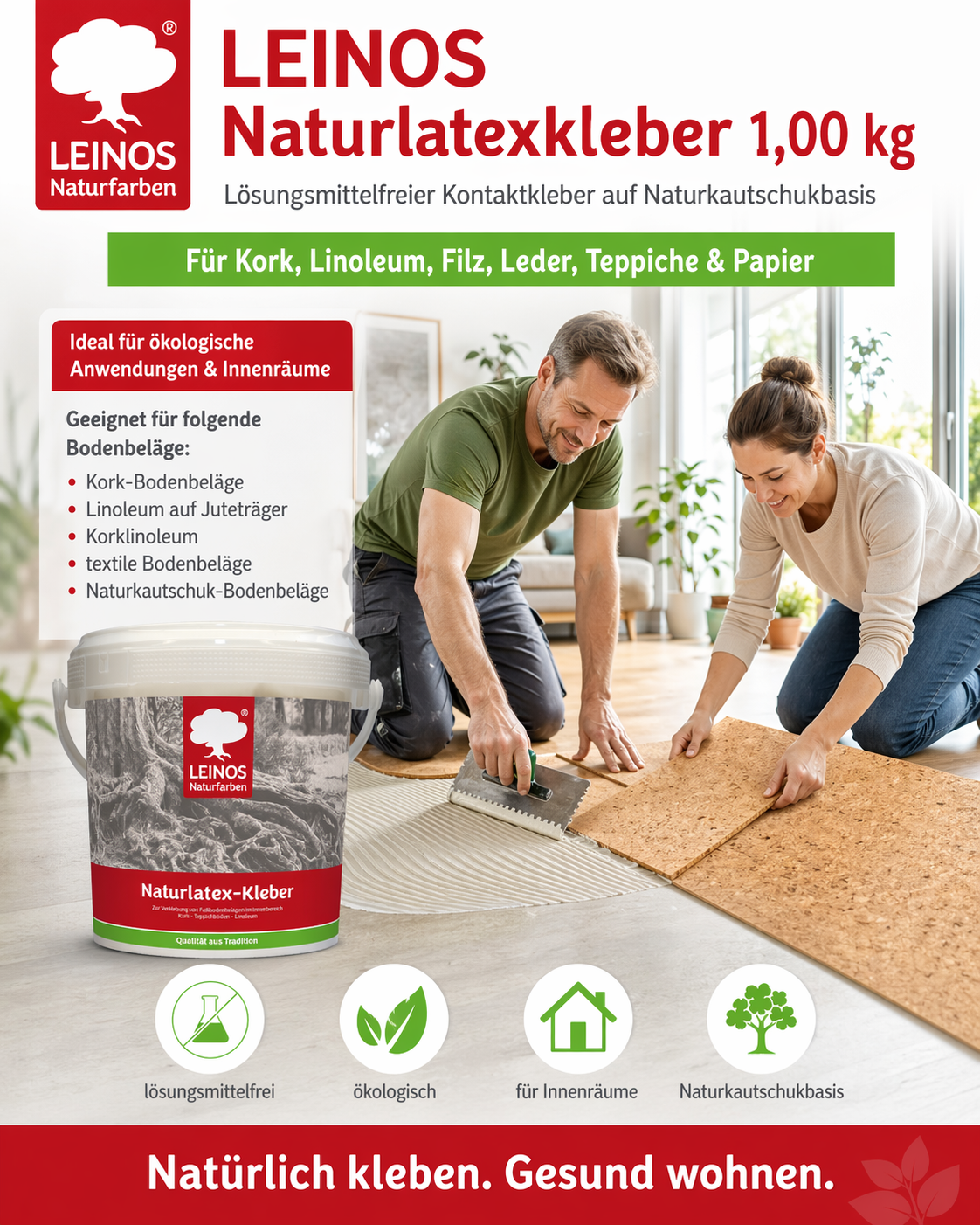 LEINOS Naturlatexkleber 1,00 kg – lösungsmittelfreier Kontaktkleber auf Naturkautschukbasis – für Teppiche, Kork, Leder, Filz, Linoleum & Papier – ideal für ökologische Anwendungen